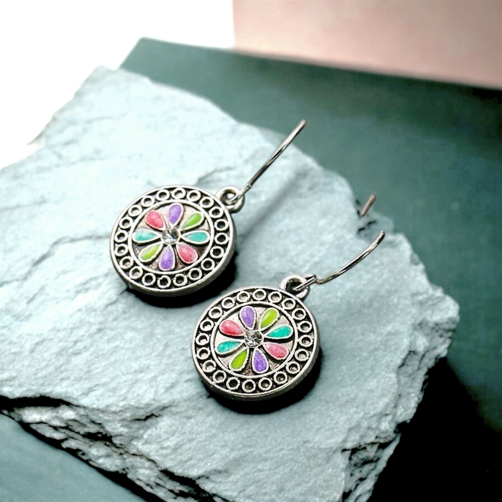 Boho Enamel Flower Dangle Earrings Silver Round Mandala Sunburst Jewelry NWOT